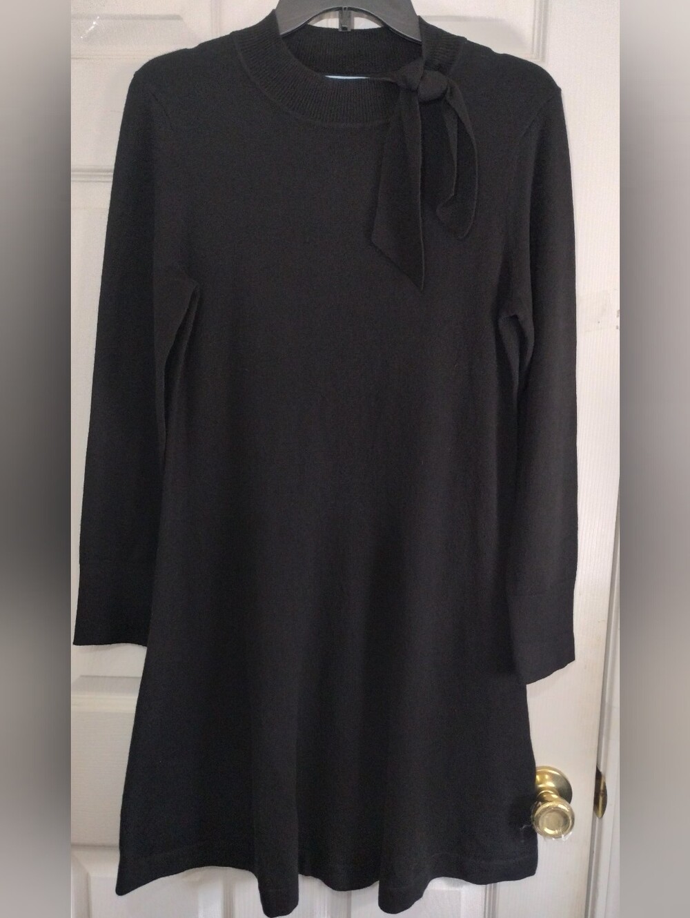 CeCe Black Long-Sleeve Wool Blend Midi Sweater Dress with Neck Tie